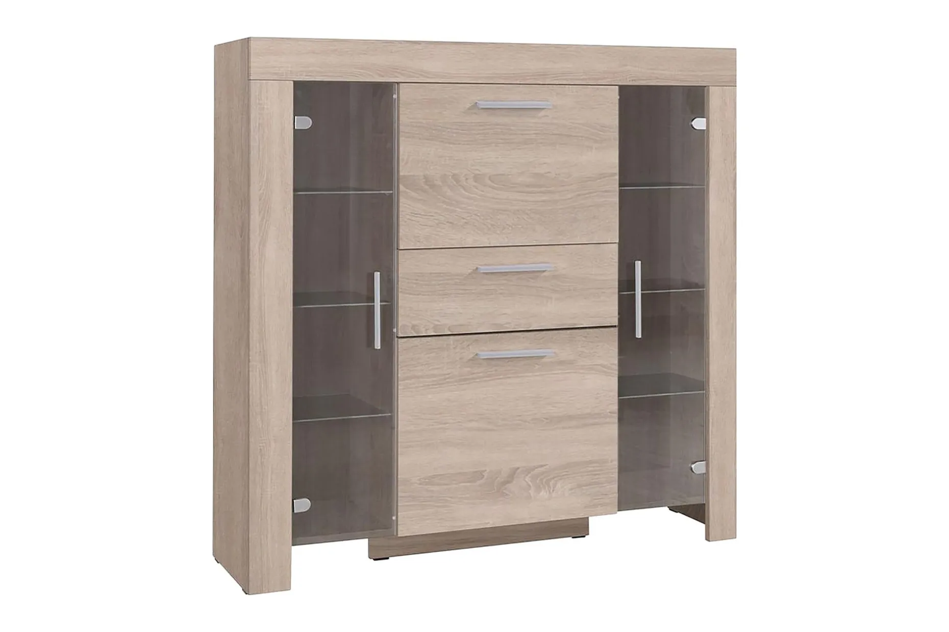 Cezar Lågt Vitrinskåp Vit LED Belysning 42 cm djup 130 cm bred 131 cm hög Ljust Trä Ek Glas