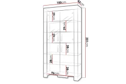 Cezar Vitrinskåp Vit LED Belysning 43 cm djup 100 cm bred 201 cm hög Ljust Trä Ek Glas