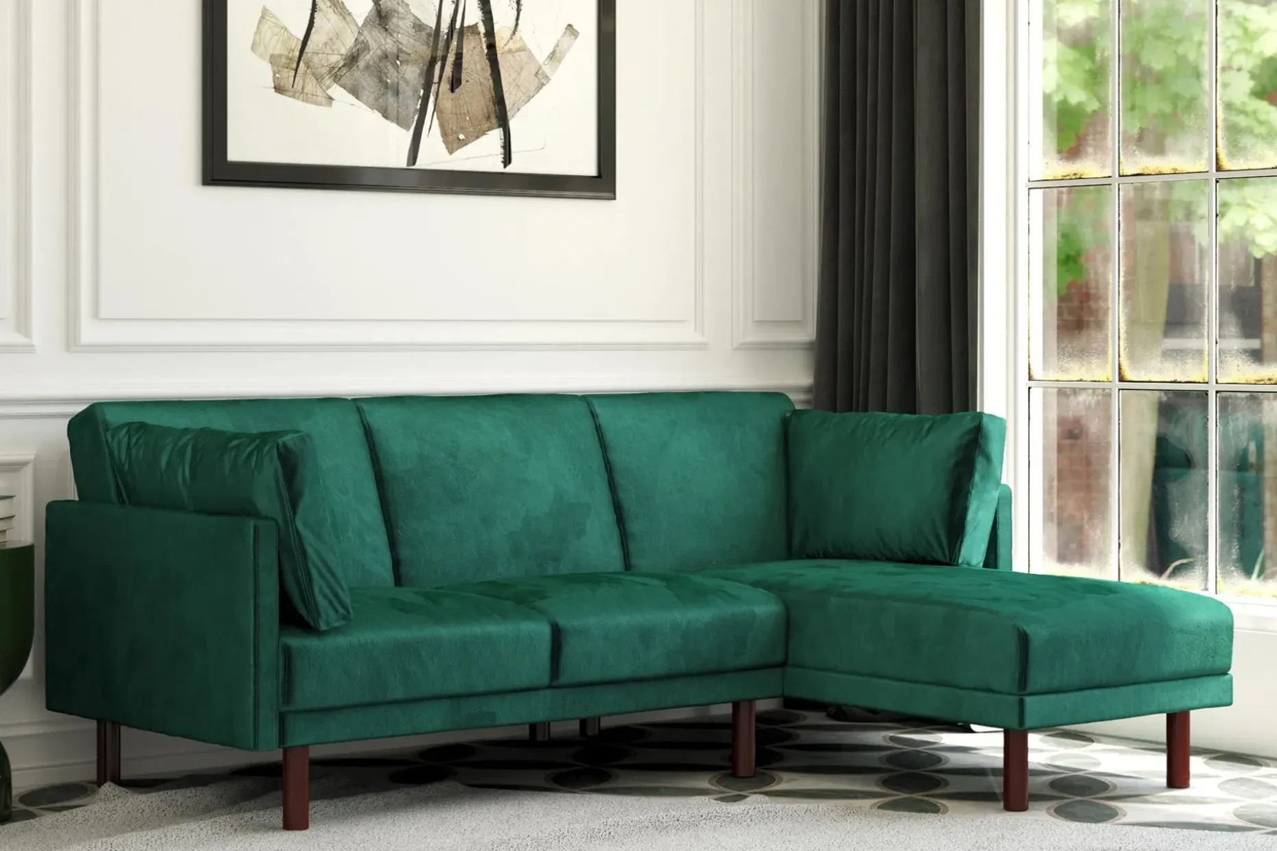 Clair 3-sits Bäddsoffa med Schäslong Ställbar Sammet/Grön/Tr