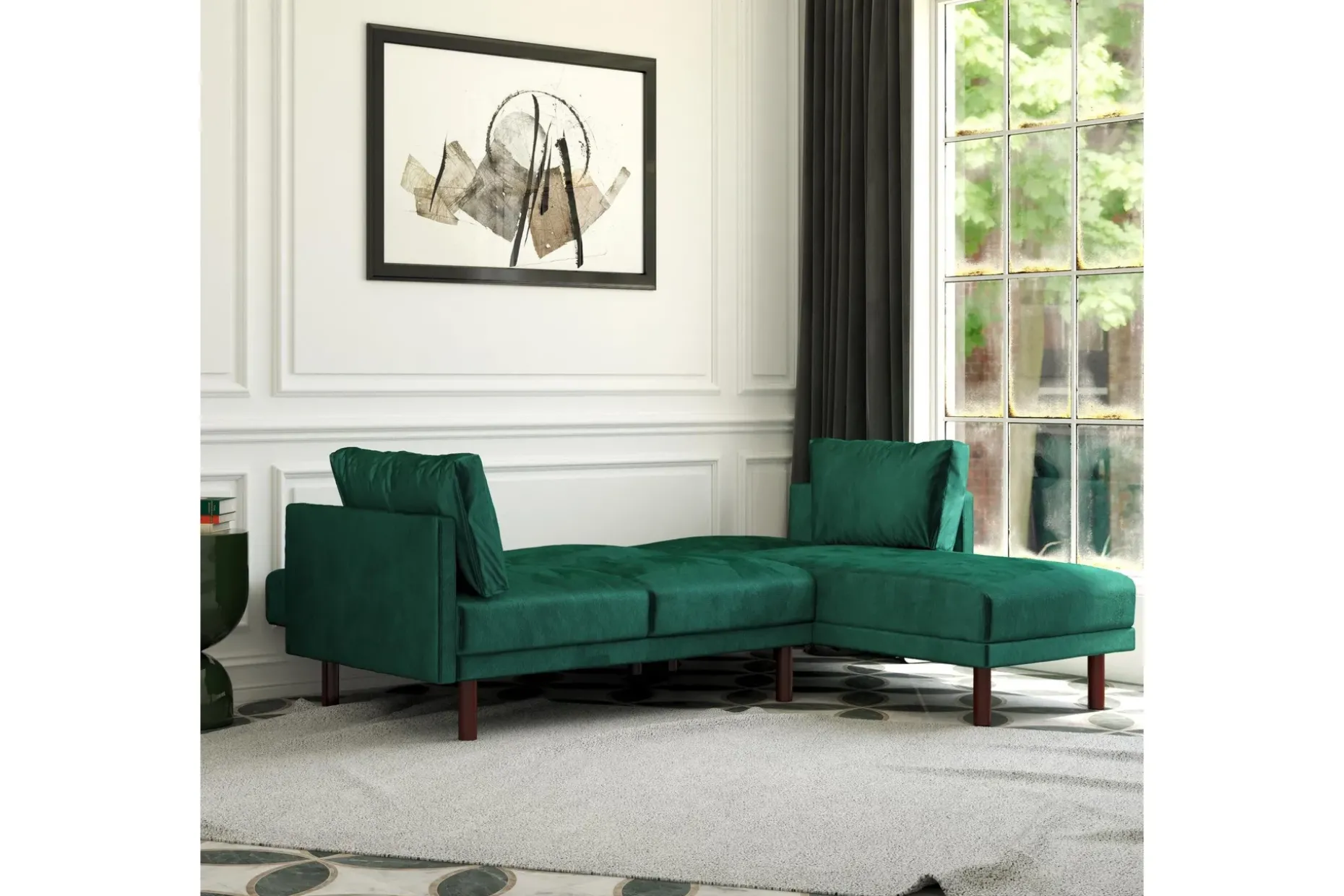 Clair 3-sits Bäddsoffa med Schäslong Ställbar Sammet/Grön/Tr