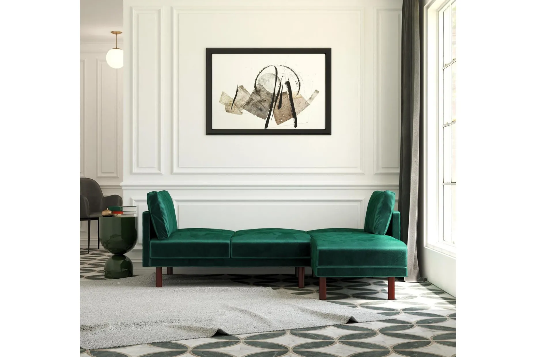 Clair 3-sits Bäddsoffa med Schäslong Ställbar Sammet/Grön/Tr