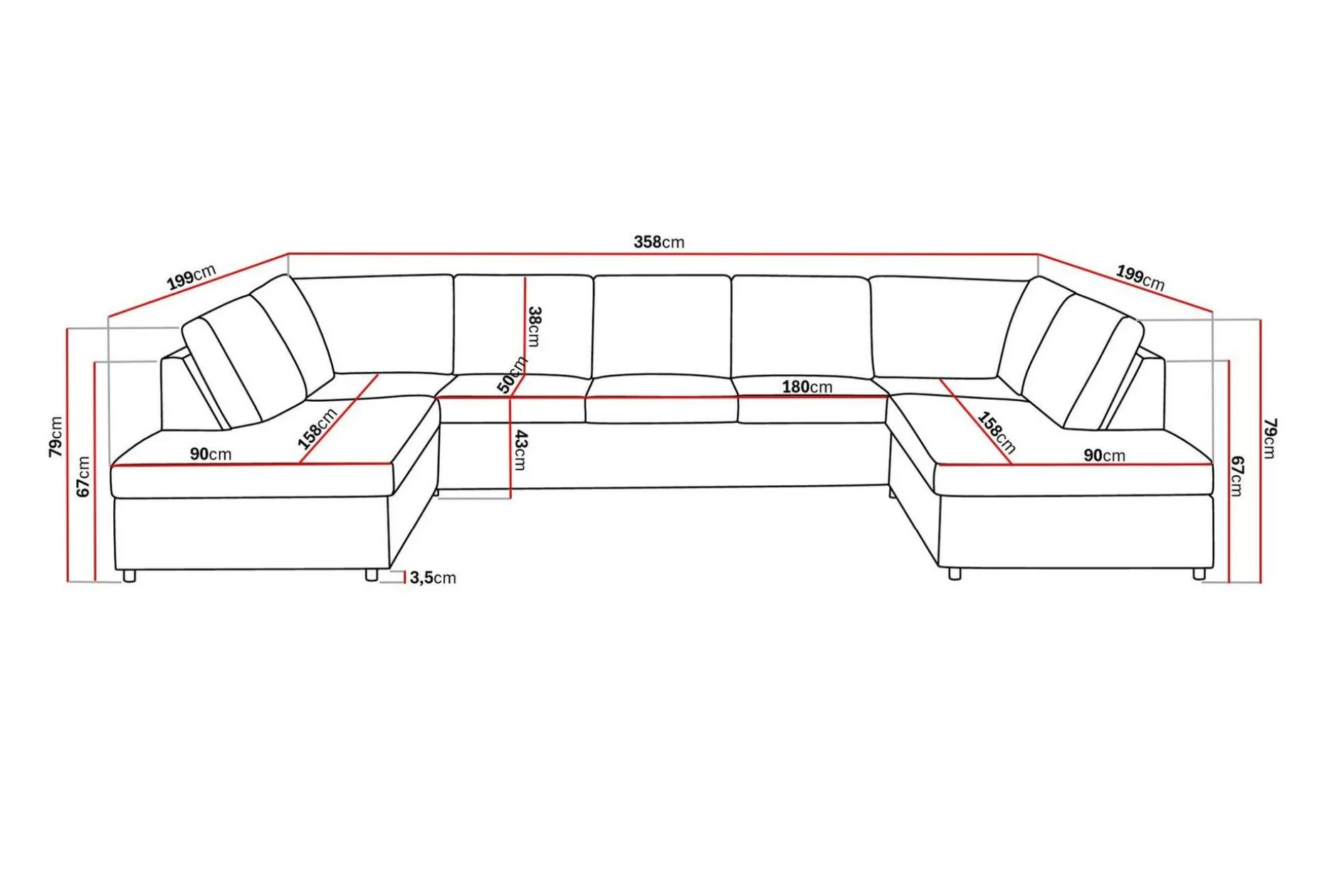 Crazy 5-sits U-formad Soffa med dubbelschäslong i Tyg