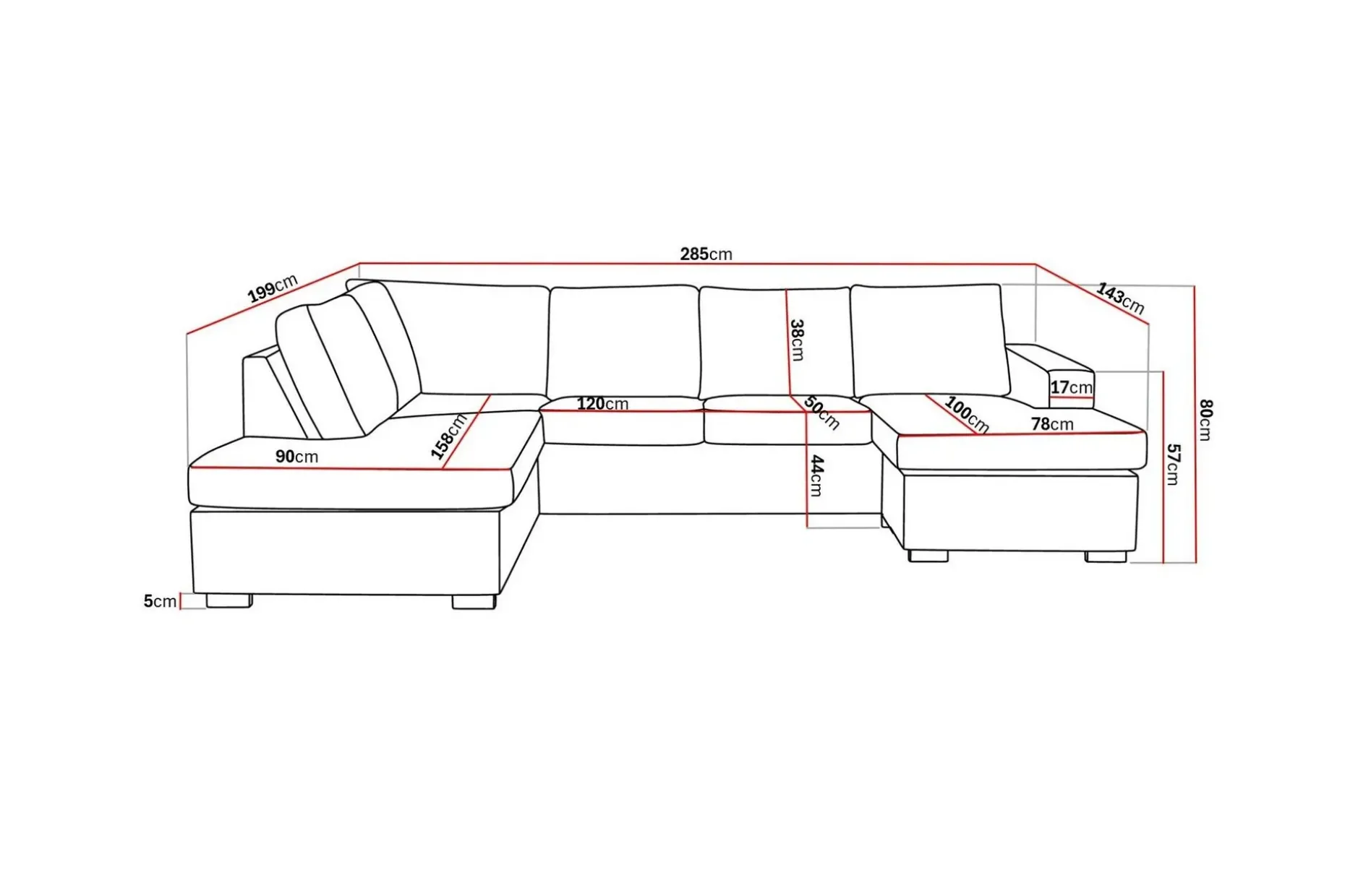 Crazy 4-sits Vänstervänd U-formad Large Soffa med Divan och Schäslong i Tyg