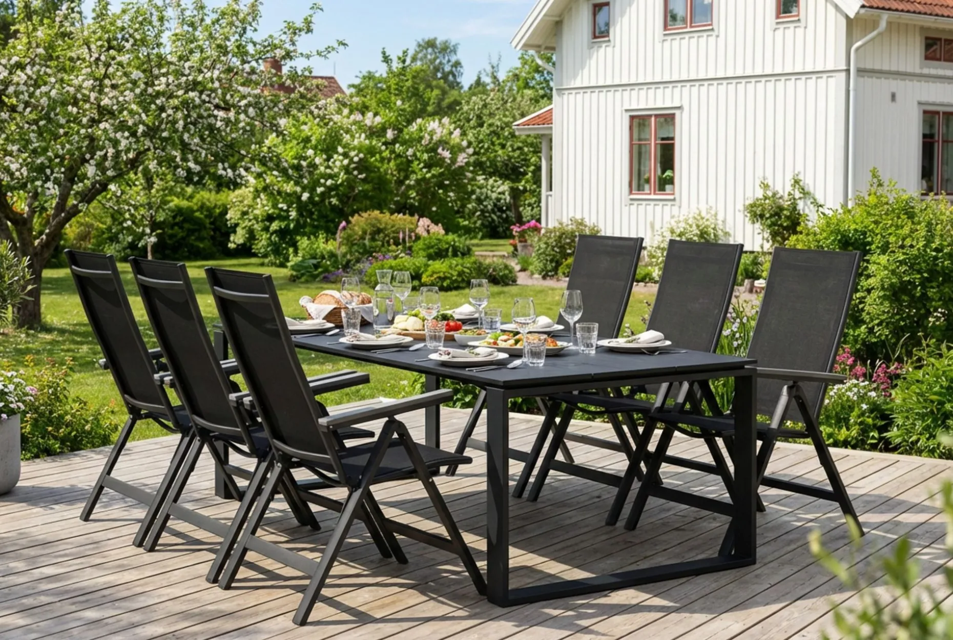 Devon utomhus matgrupp 210x100 cm med 6 Monaco Light positionsstolar