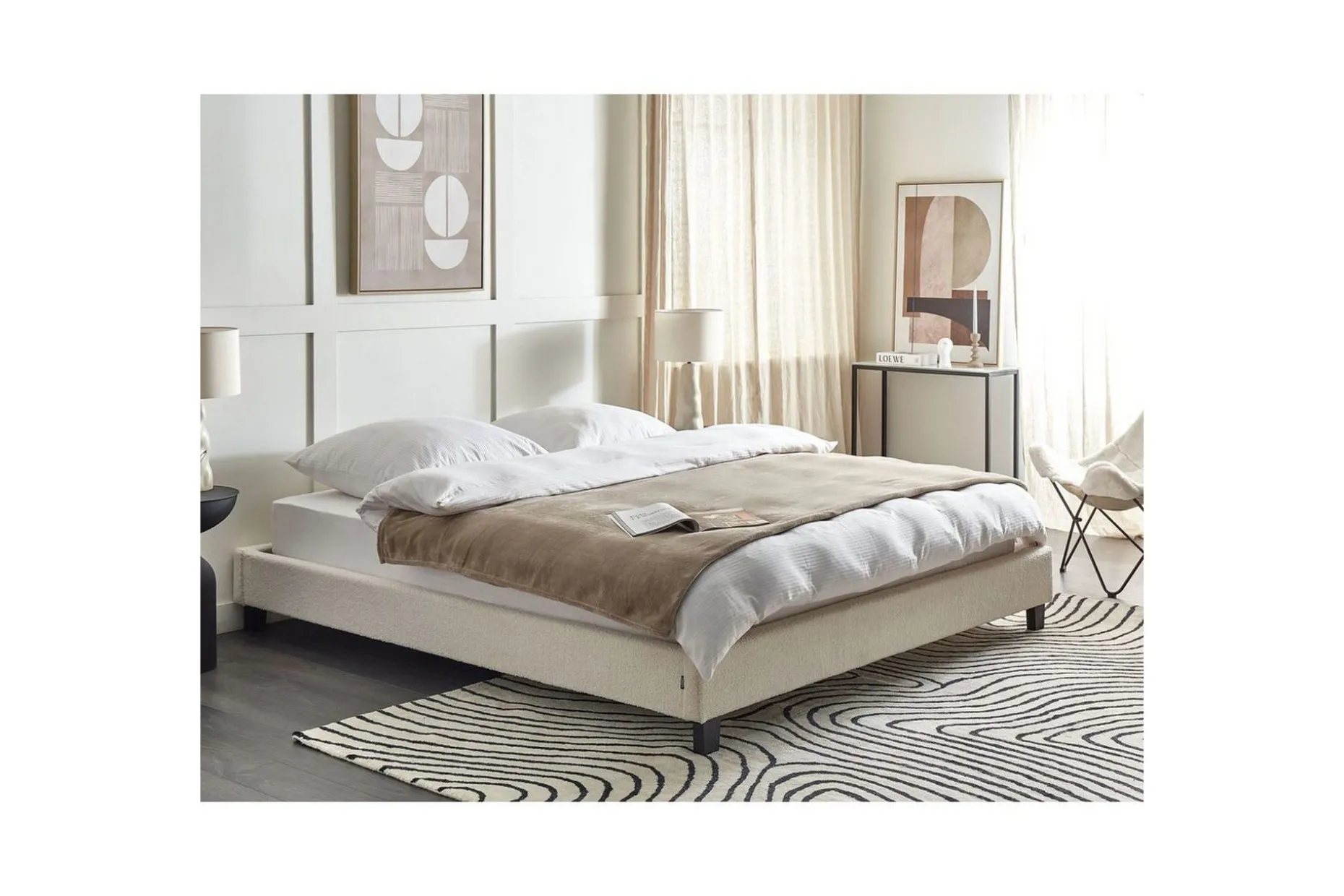 Dubbelsäng Roanne med lamellram Beige-Mörkt Trä, 180x200 cm, Bouclé