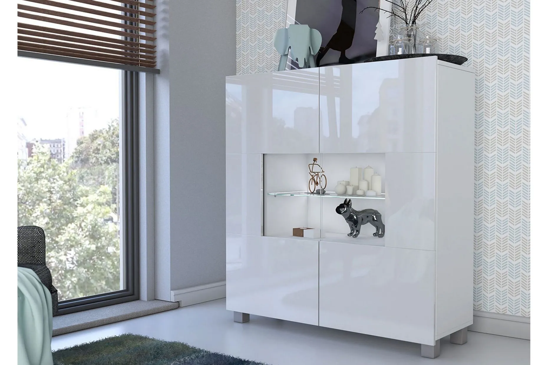 Frick Vitrinskåp Blå LED Belysning 35 cm djup 100 cm bred 107 cm hög Ljust Trä Glas