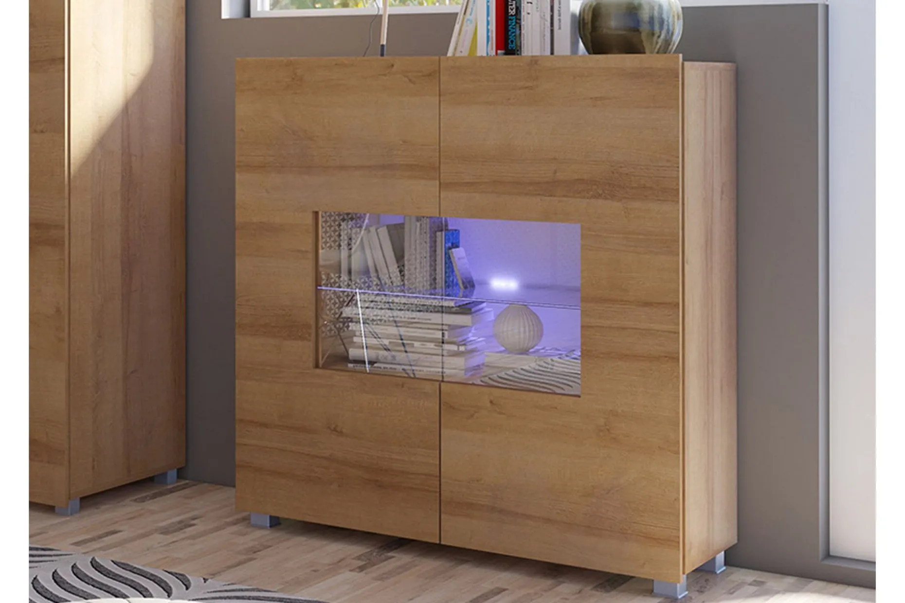 Frick Vitrinskåp Vit LED Belysning 35 cm djup 100 cm bred 107 cm hög Ljust Trä Ek Glas