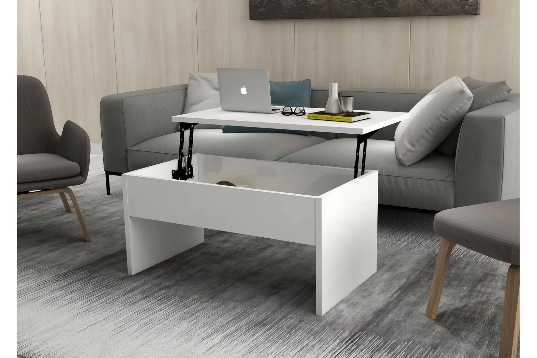 Furny Home Soffbord 90 cm Höj- och Sänkbar med Förvaring