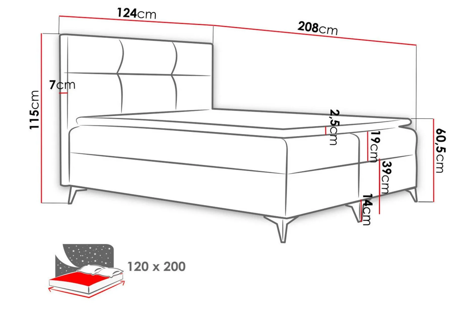 Galtebol Kontinentalsäng 120x200 cm LED-belysning