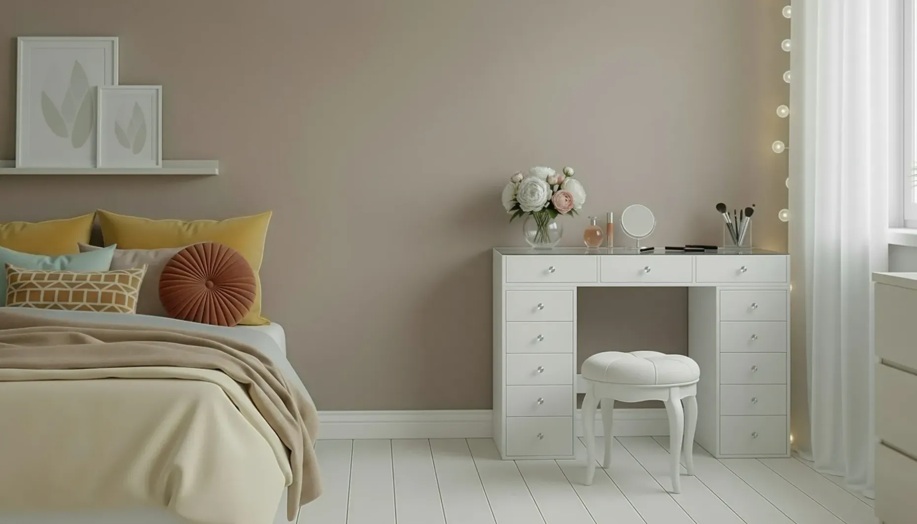 Glow Stort sminkbord med glasskiva - Förvaring med lådor och fack 120 cm