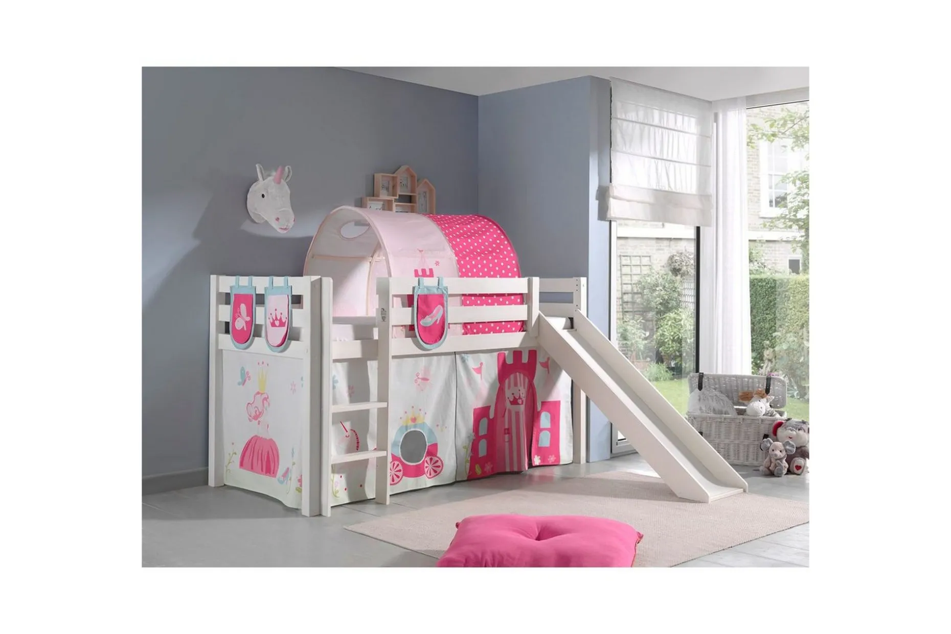 Halvhöjdssäng med gardin Pino Princess Vit, Vit, Med rutschkana, Prinsessa, 3
