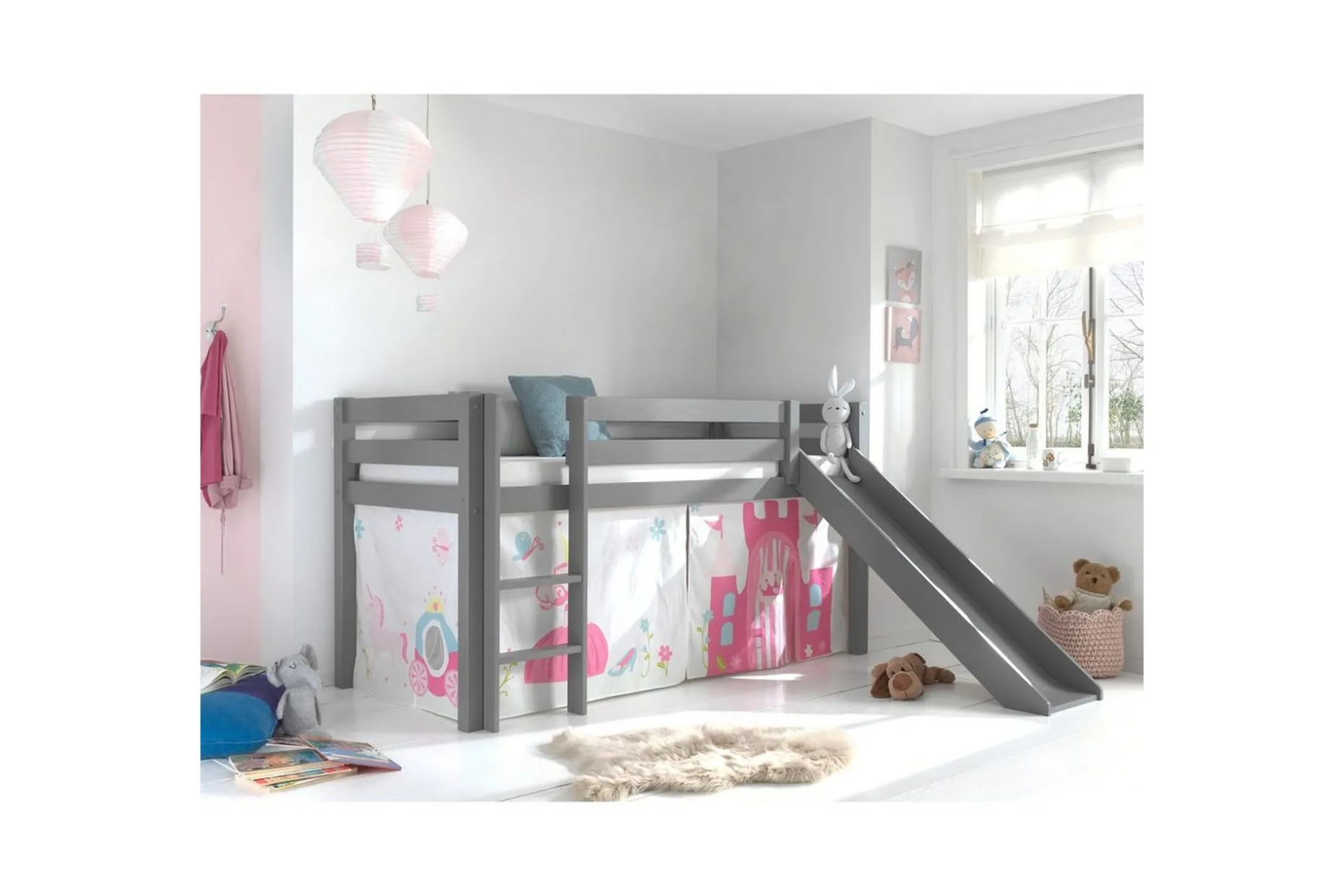 Halvhöjdssäng med gardin Pino Princess Grå, Grå, Med rutschkana, Utan tunnel, Inga fickor