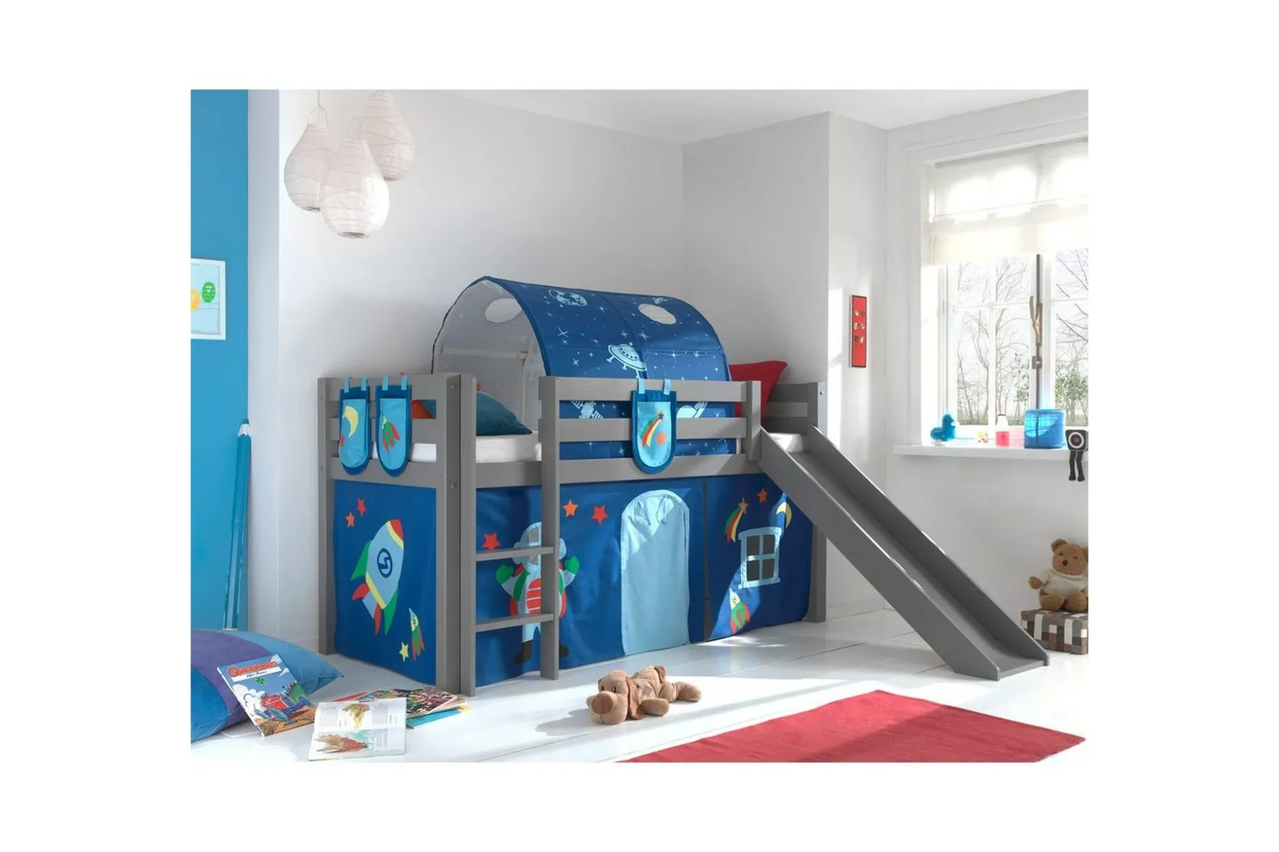 Halvhöjdssäng med gardin Pino Astro Grå, Grå, Med rutschkana, Med tunnel, 3