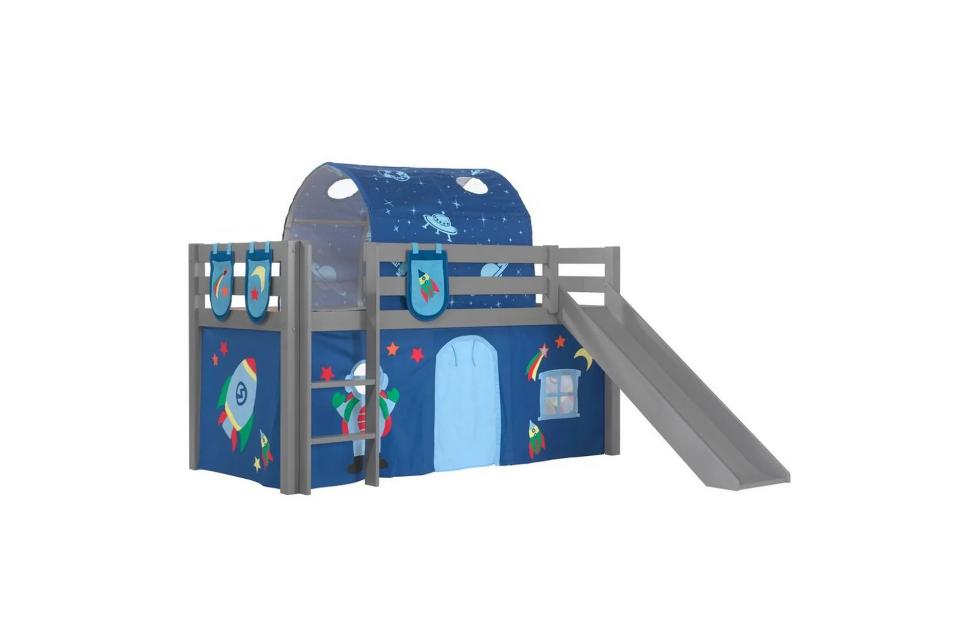 Halvhöjdssäng med gardin Pino Astro Grå, Grå, Med rutschkana, Med tunnel, 3