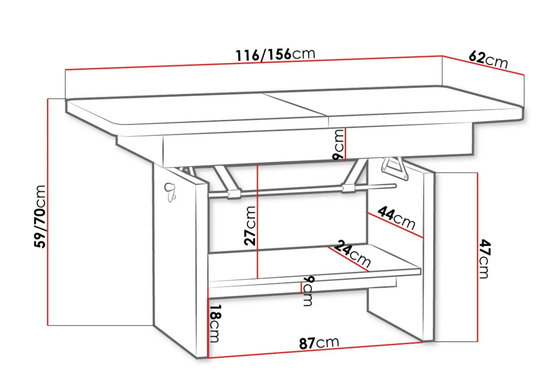 Kanej Soffbord 116 cm Höj- och Sänkbar med Förvaring Hylla