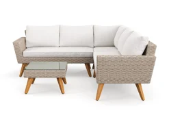 Karlskrona 5-sits Loungegrupp utomhus med vita dynor soffbord i konstrotting med glasskiva