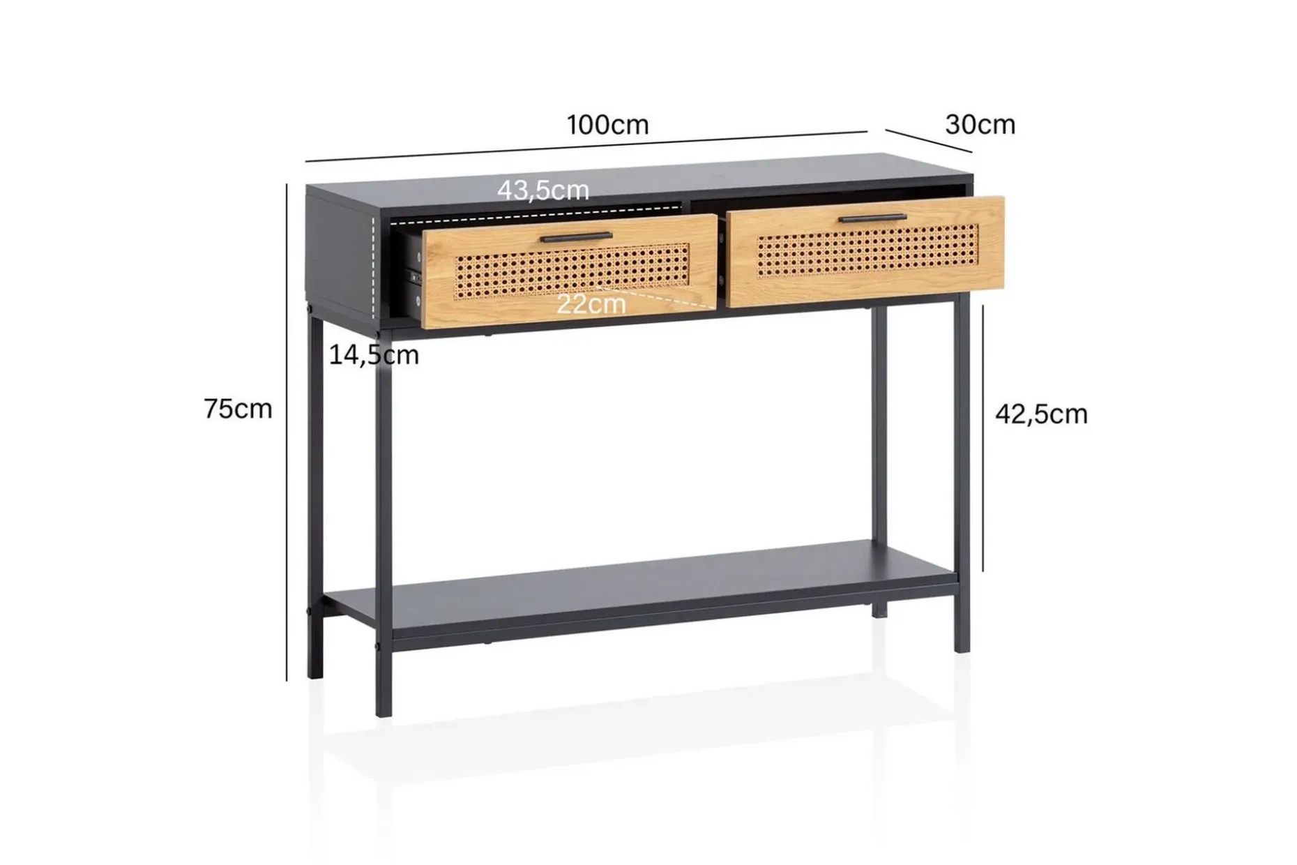 Konsolbord Wohnling Massivt trä 100 cm 2 lådor industrihus stil med Wienerkorg