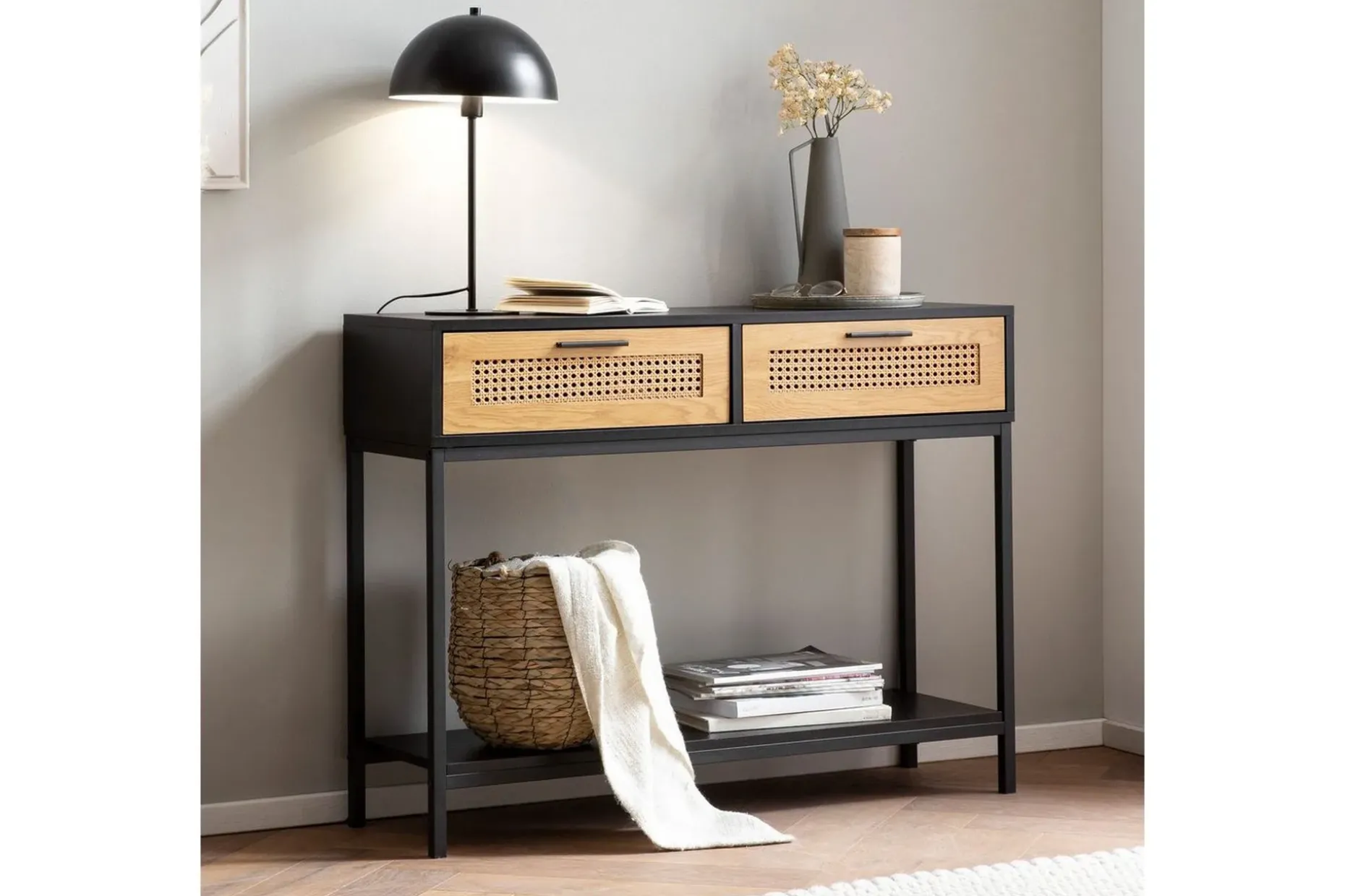 Konsolbord Wohnling Massivt trä 100 cm 2 lådor industrihus stil med Wienerkorg
