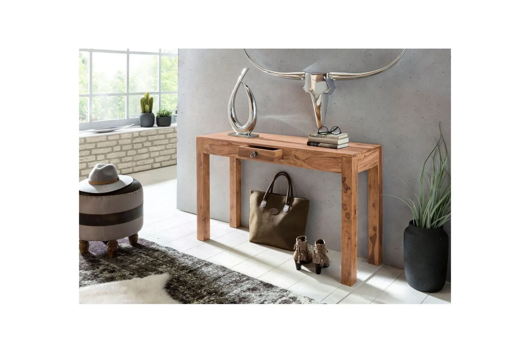 Konsolbord Wohnling massivt trä, 1 låda, lantlig stil Akacia