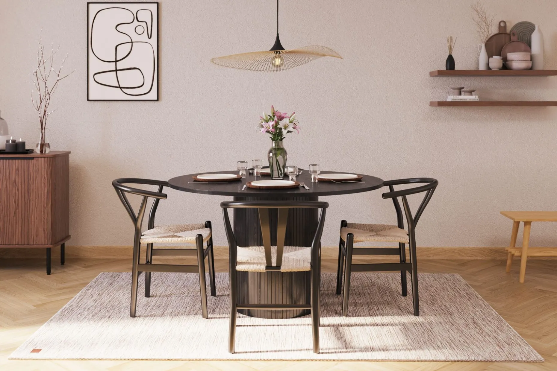 Kopparbo Matgrupp förlängningsbart 130-180 cm Rund med 4 Dastoori Matstol - 2220067-4,2229282-1