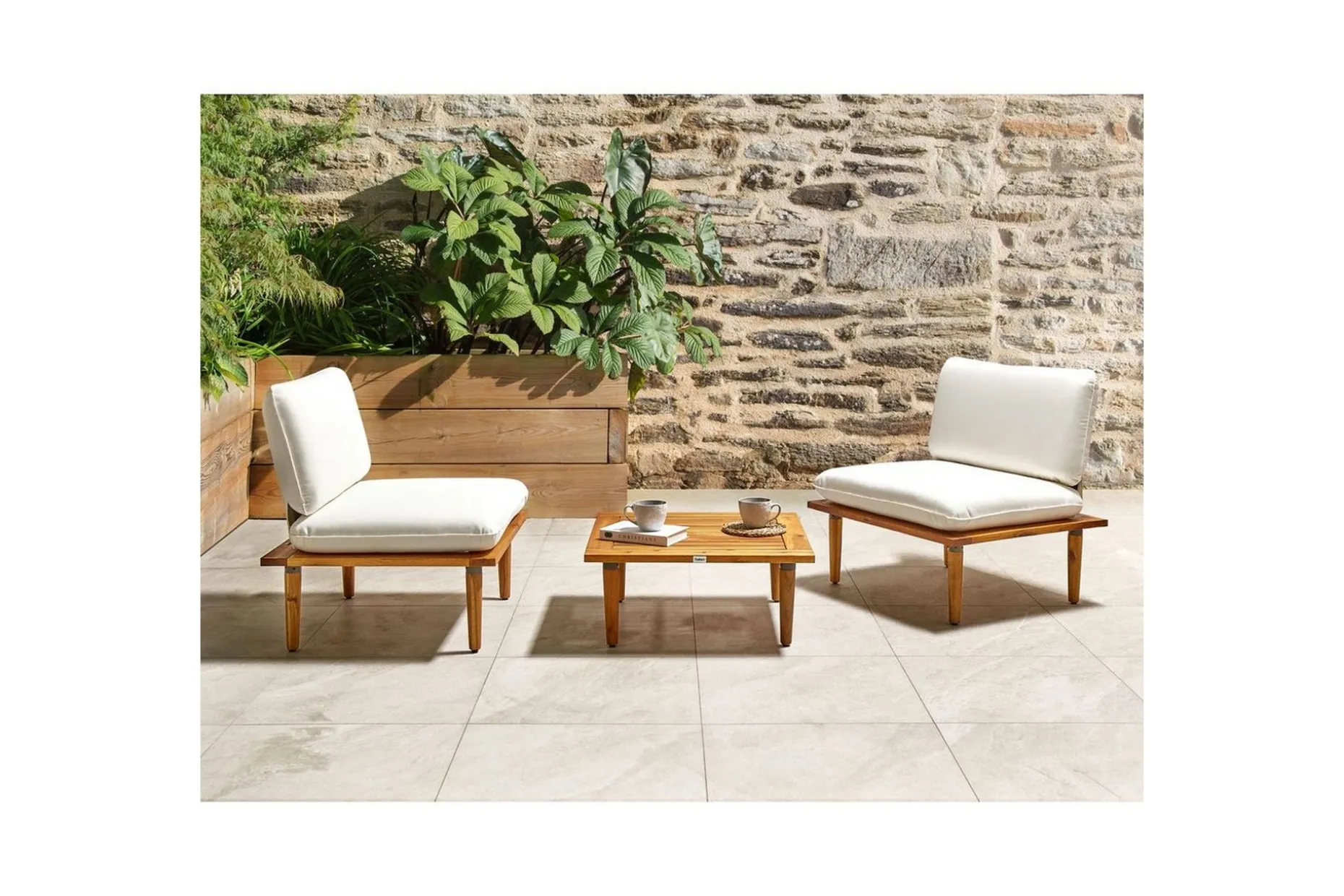 Loungegrupp med bord Frascati Vit/ljust trä, 2-Sits