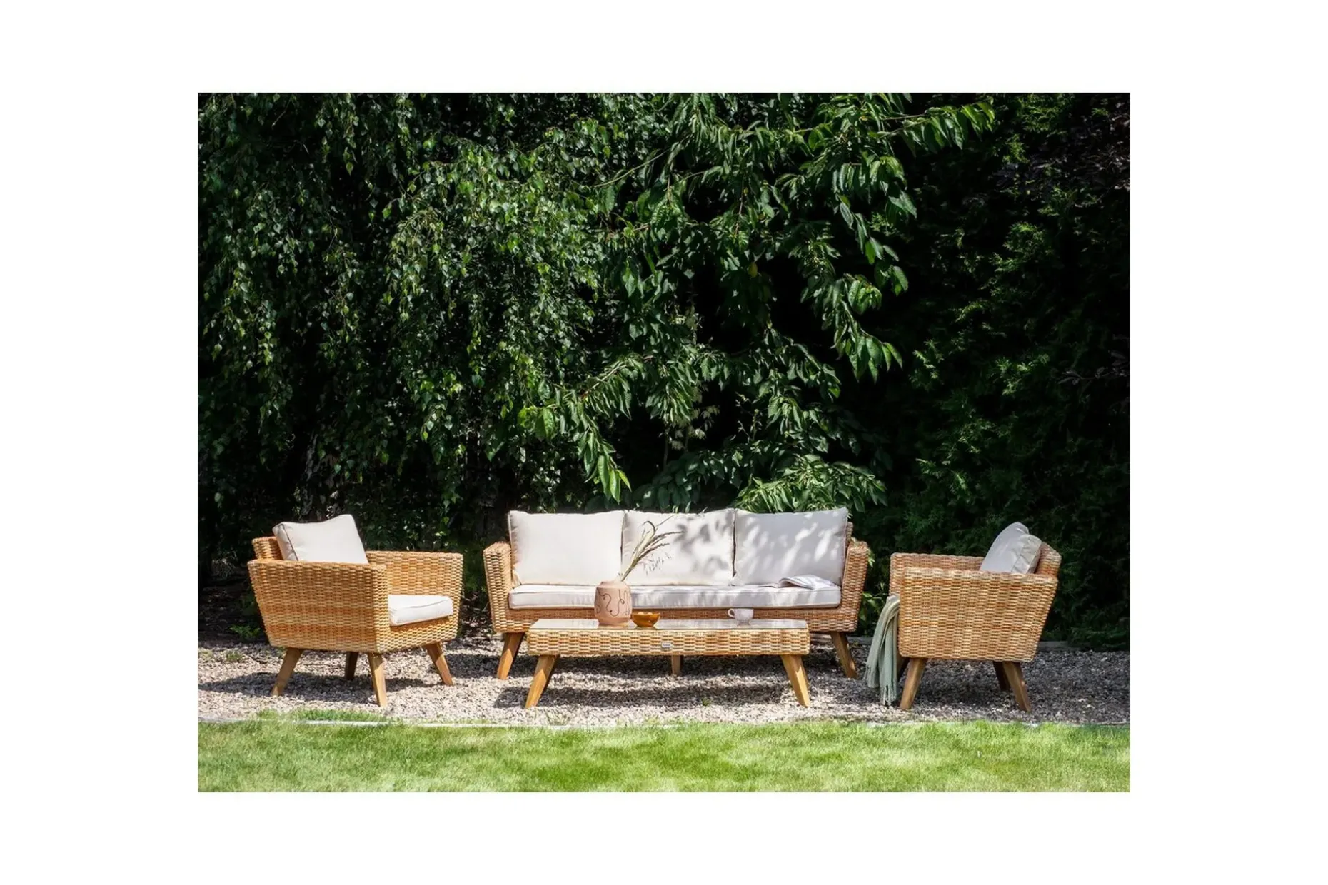 Loungegrupp med bord Vittoria Beige/vit/ljust trä, 5-Sits
