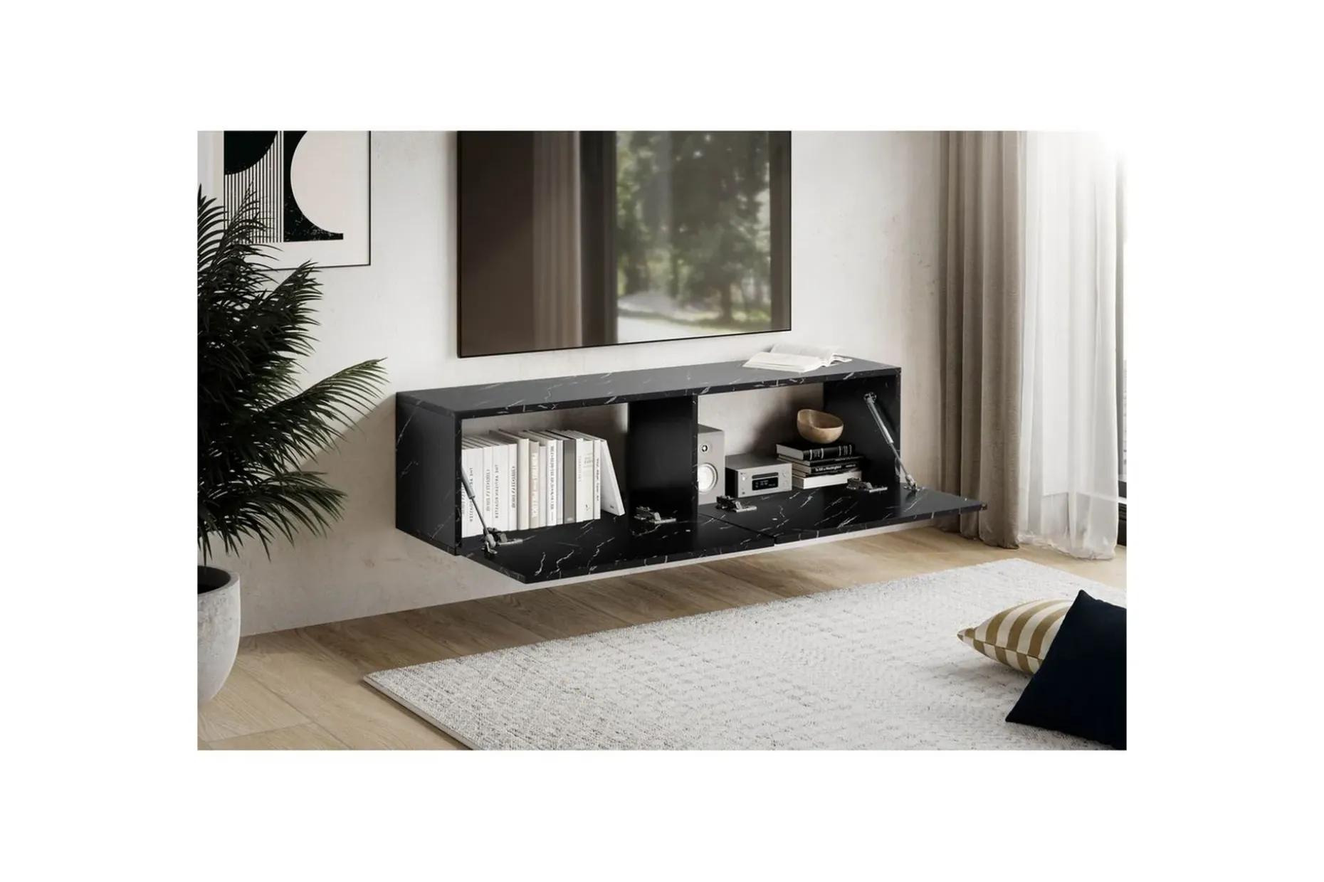 Lowboard Wohnling Folierad upphängning med luckdörr, modern Marmor, Svart, 120 cm