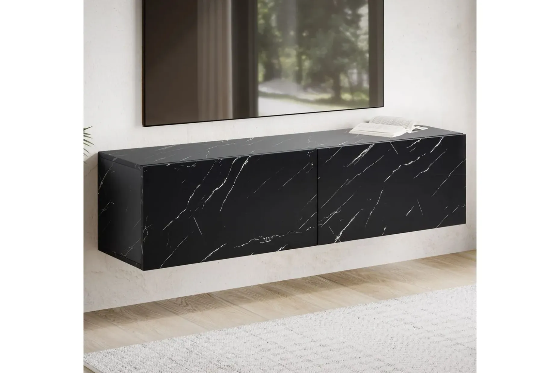 Lowboard Wohnling Folierad upphängning med luckdörr, modern Marmor, Svart, 120 cm