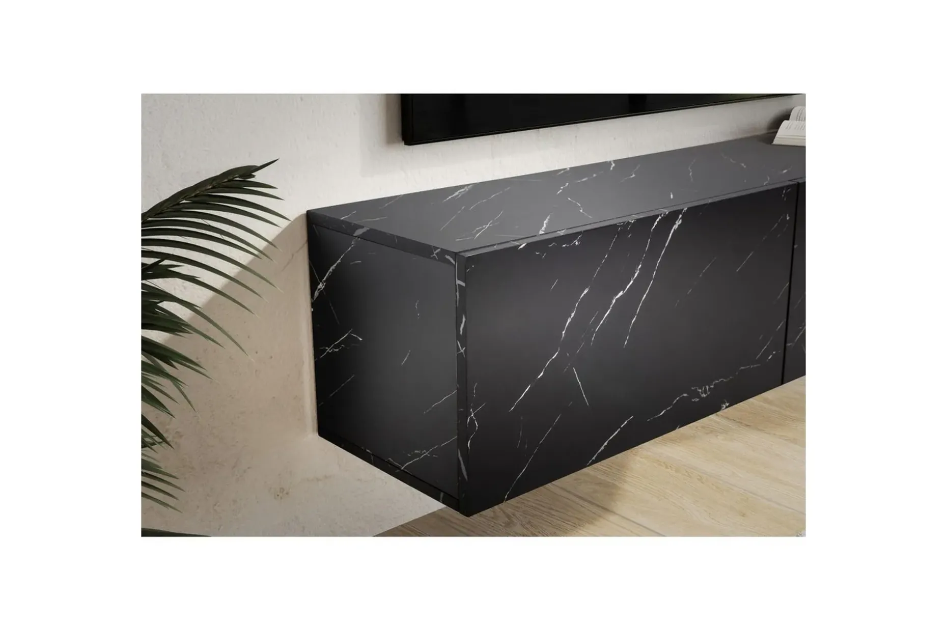 Lowboard Wohnling Folierad upphängning med luckdörr, modern Marmor, Svart, 120 cm