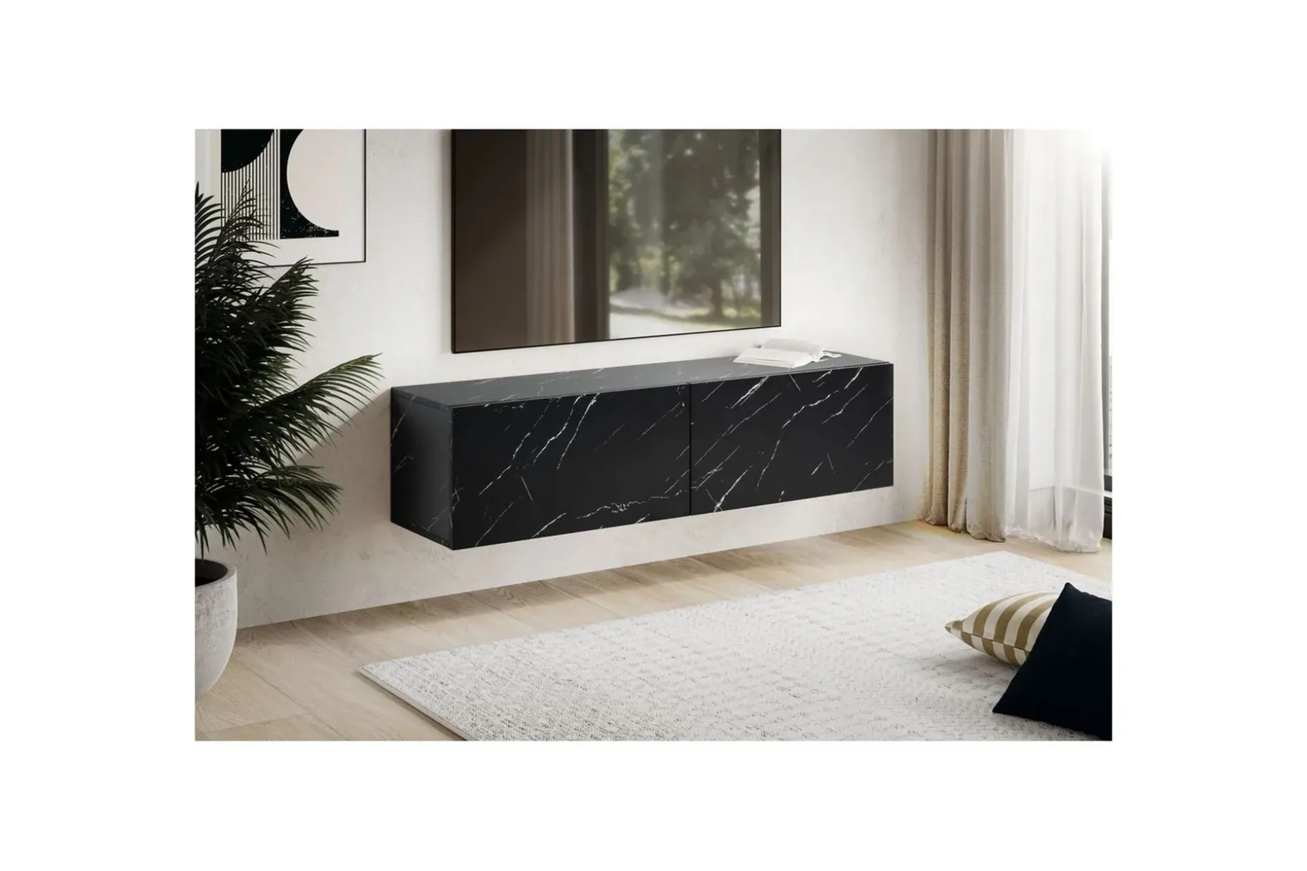 Lowboard Wohnling Folierad upphängning med luckdörr, modern Marmor, Svart, 120 cm