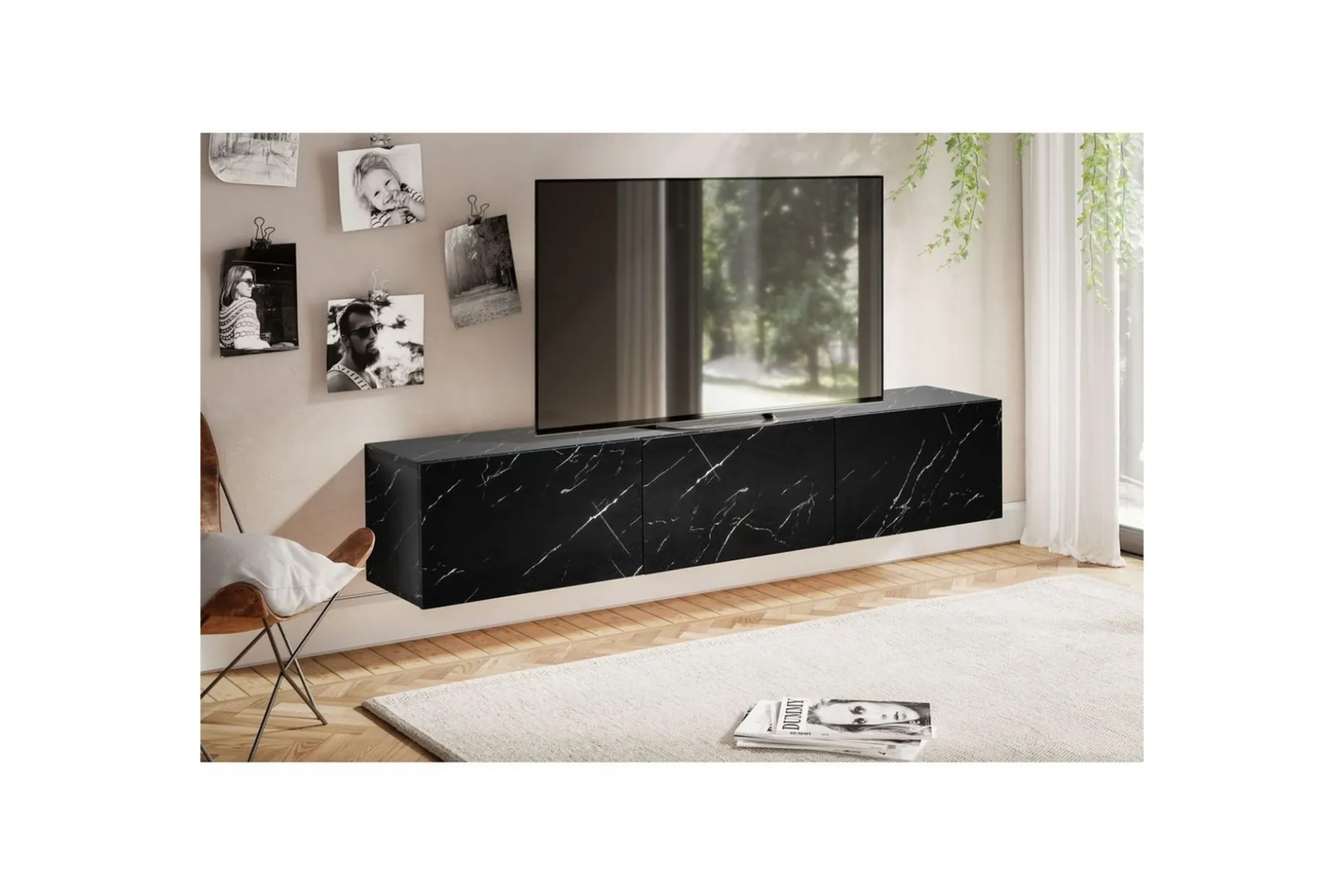 Lowboard Wohnling Folierad upphängning med luckdörr, modern Marmor, Svart, 160 cm
