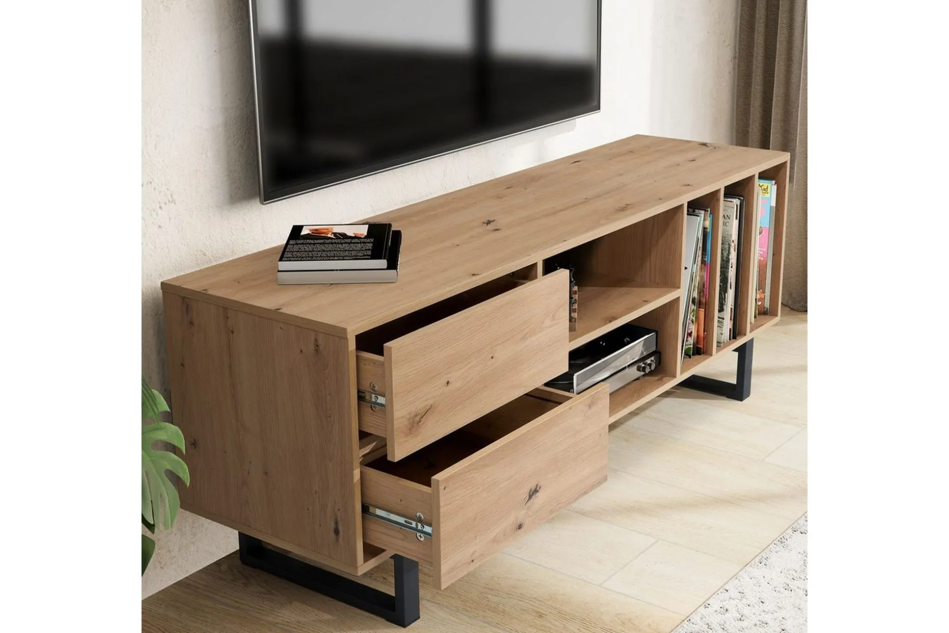 Lowboard Wohnling modernt spånskiva, 2 lådor, förvaringsbrickor, metallben, modern stil Ek