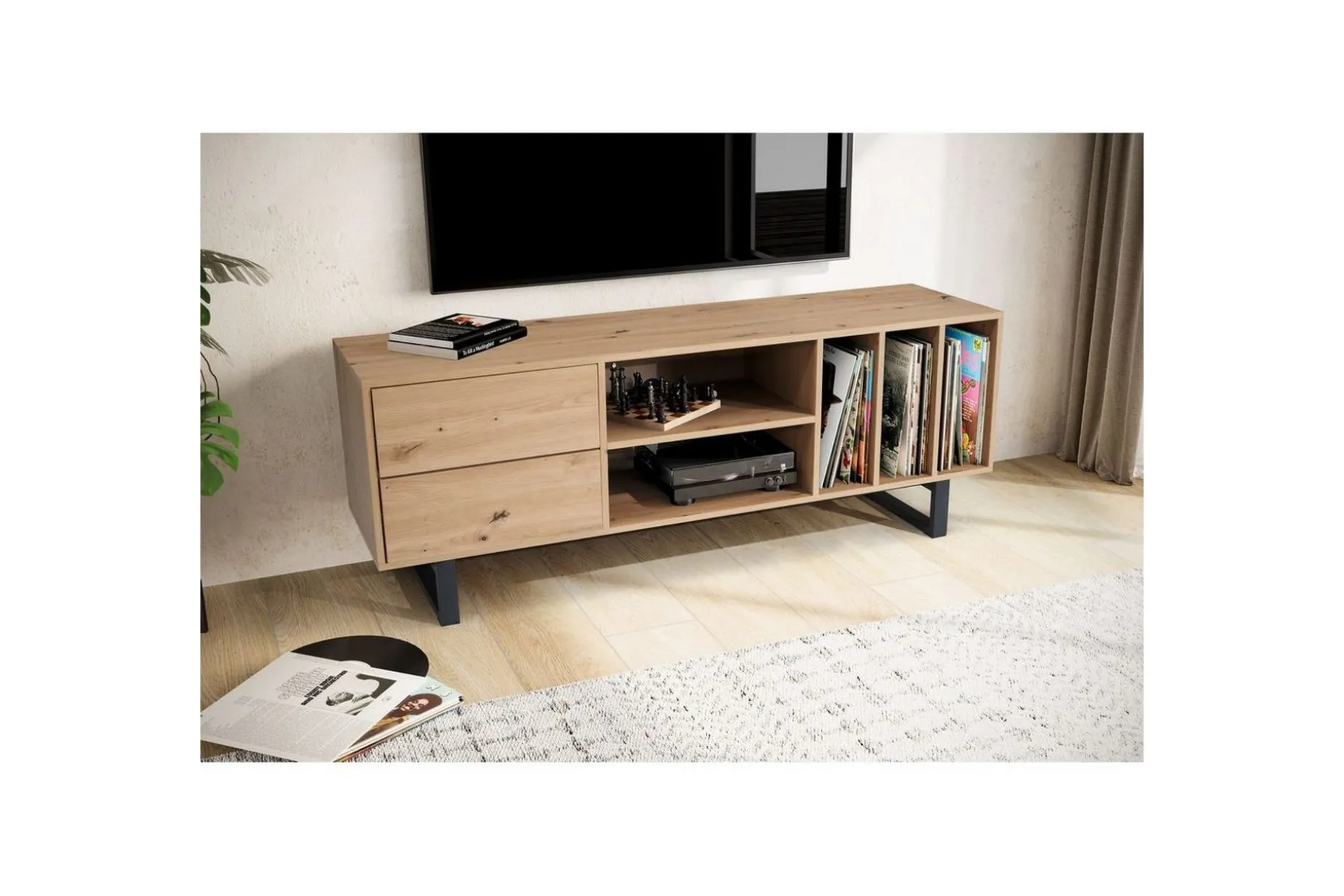 Lowboard Wohnling modernt spånskiva, 2 lådor, förvaringsbrickor, metallben, modern stil Ek