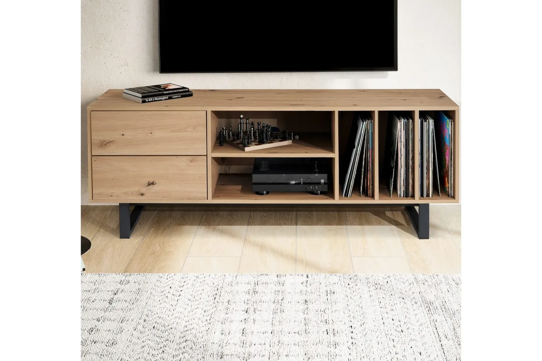 Lowboard Wohnling modernt spånskiva, 2 lådor, förvaringsbrickor, metallben, modern stil Ek