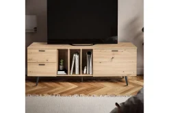 Lowboard Wohnling modernt spånskiva, 2 lådor, 1 dörr, förvaringsbrickor, metallben, modern stil Svart, Ek
