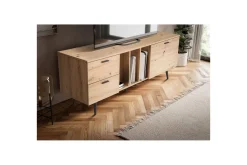 Lowboard Wohnling modernt spånskiva, 2 lådor, 1 dörr, förvaringsbrickor, metallben, modern stil Svart, Ek