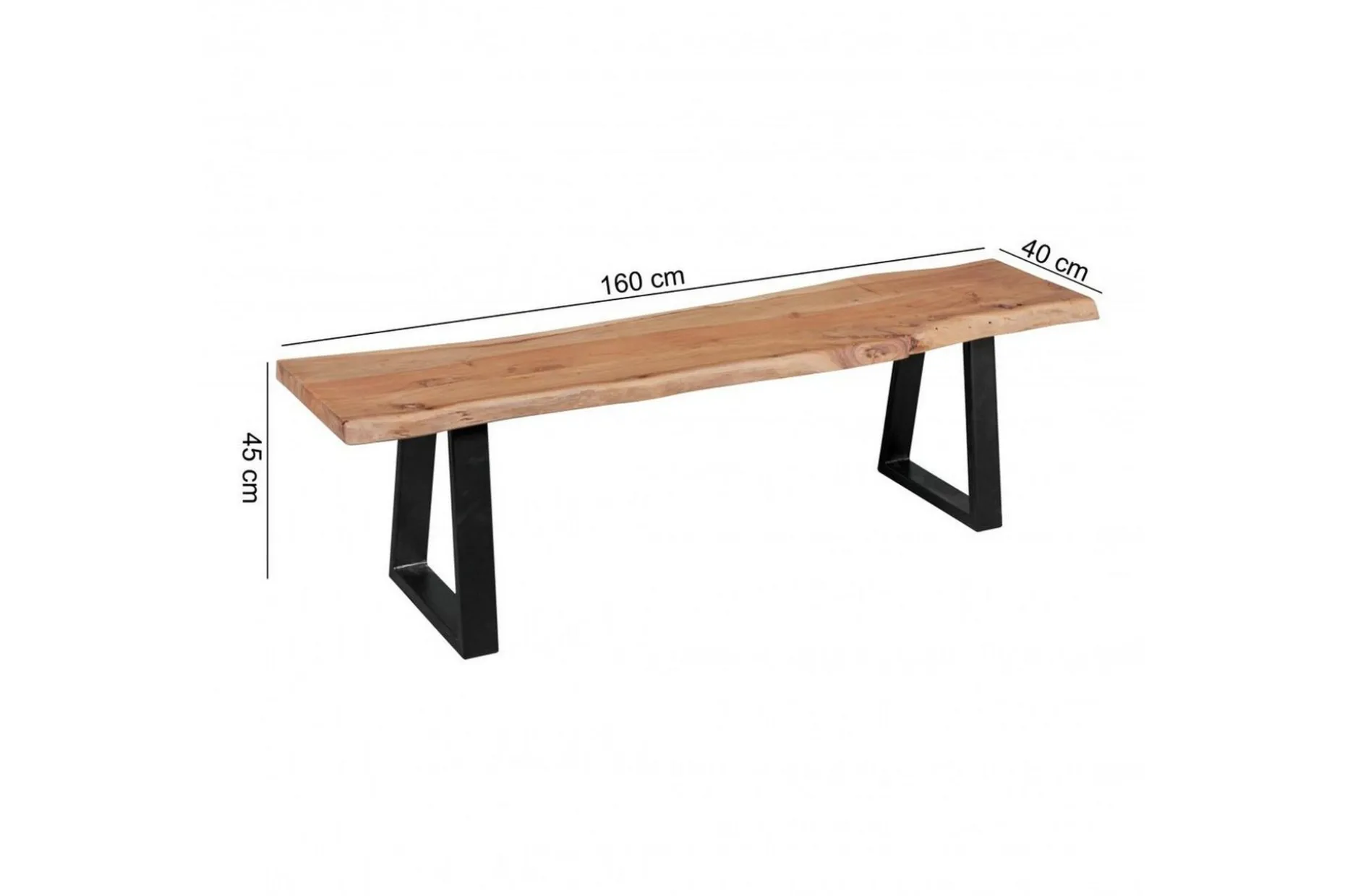 Matbänk Wohnling Köksbänk i massivt trä med trädets kant med metallben, lantlig stil Utan ryggstöd, 160 cm
