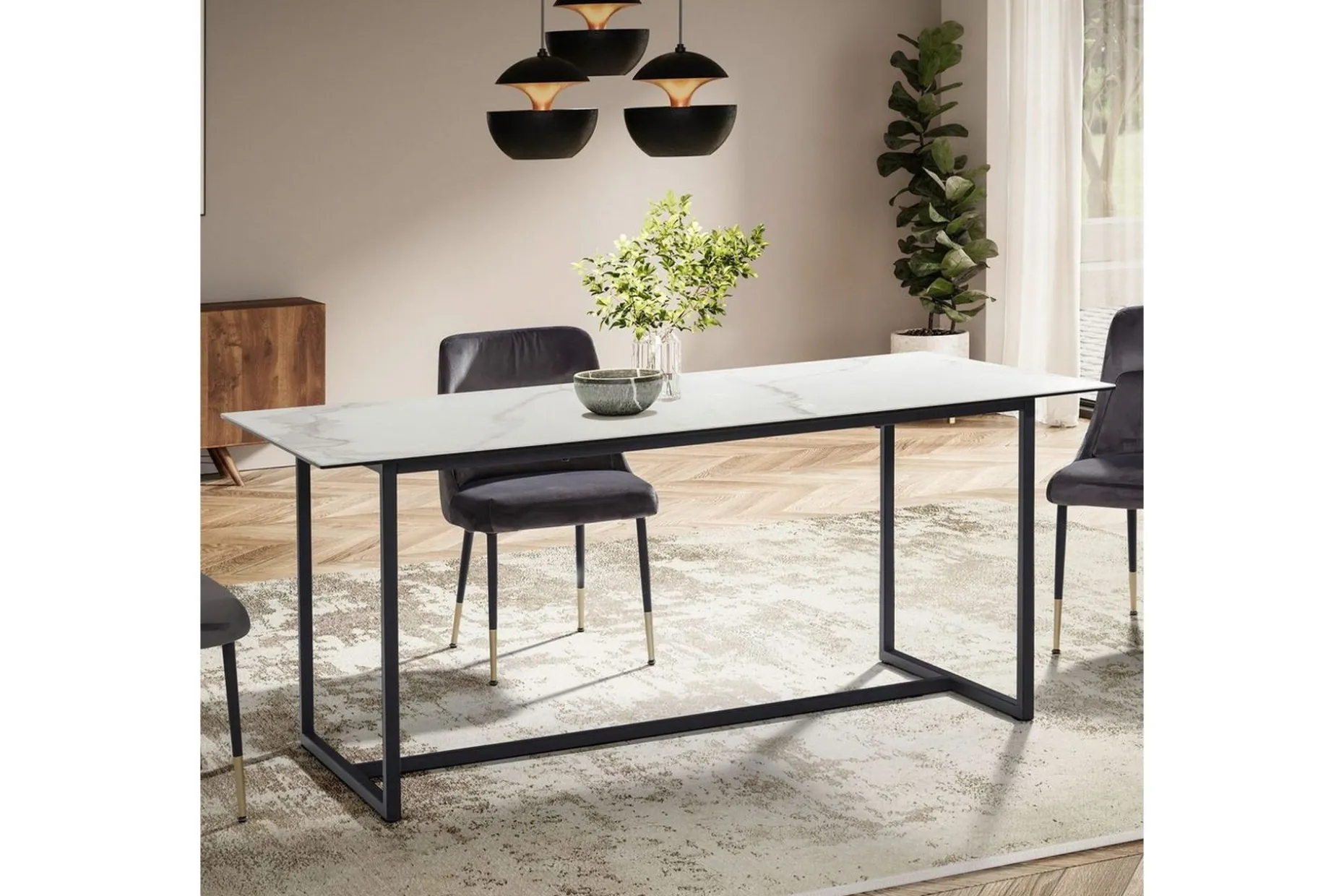 Matbord Wohnling Keramik Klassisk Medar Bas Metallram Svart, marmor vit