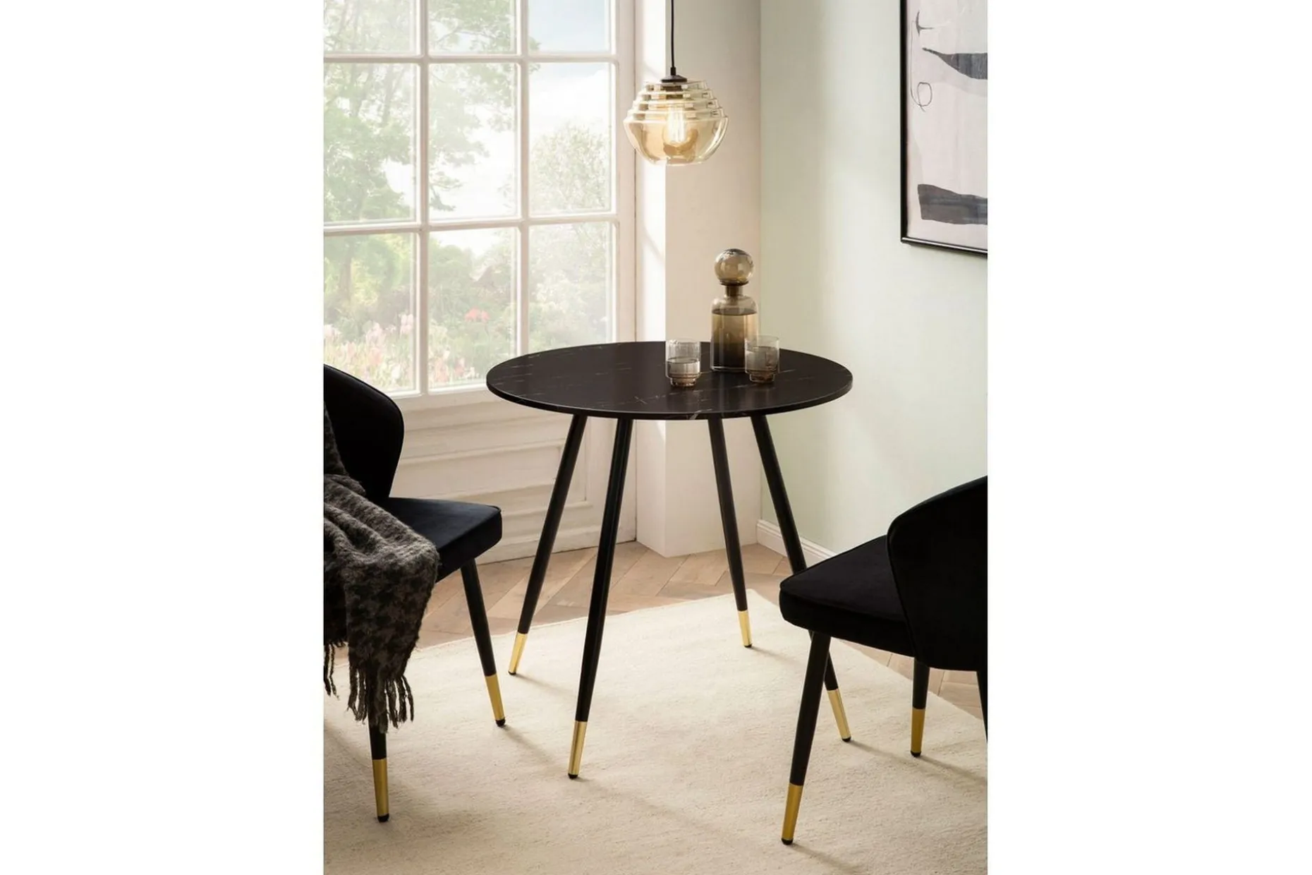 Matbord Wohnling Rund 75 cm marmorerad modern gyllene tippsben Marmor, Svart