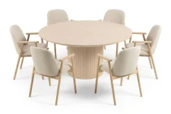 Matgrupp Bark Kopparbo Runt Matbord 180 cm Vitlaserat med 6 Reciclar Matstolar Ljus Ek|Beige