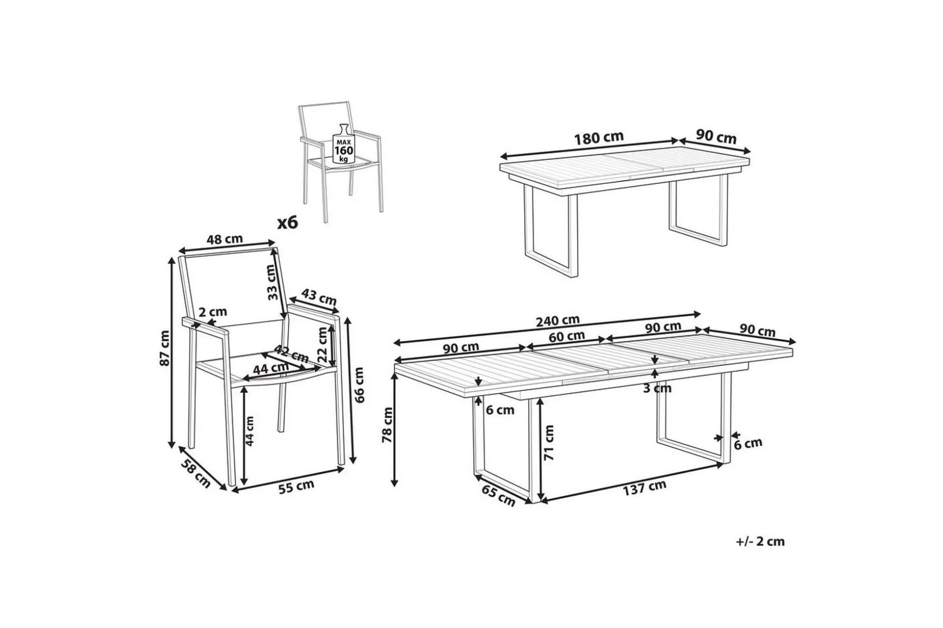 Matsalsset Valcanetto/Grosseto Vit/Grå/Silver, 6-Sits