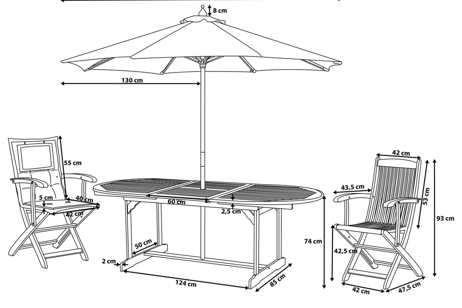 Maui Trädgårdsmöbelset Med Utebord + 8 Utestolar+Parasoll