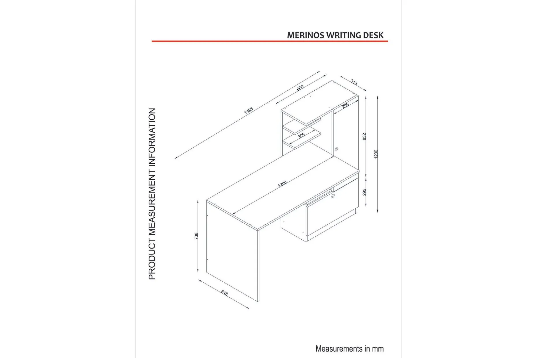 Merinoz Skrivbord 150 cm med Förvaring Hyllor + Låda + Skåp