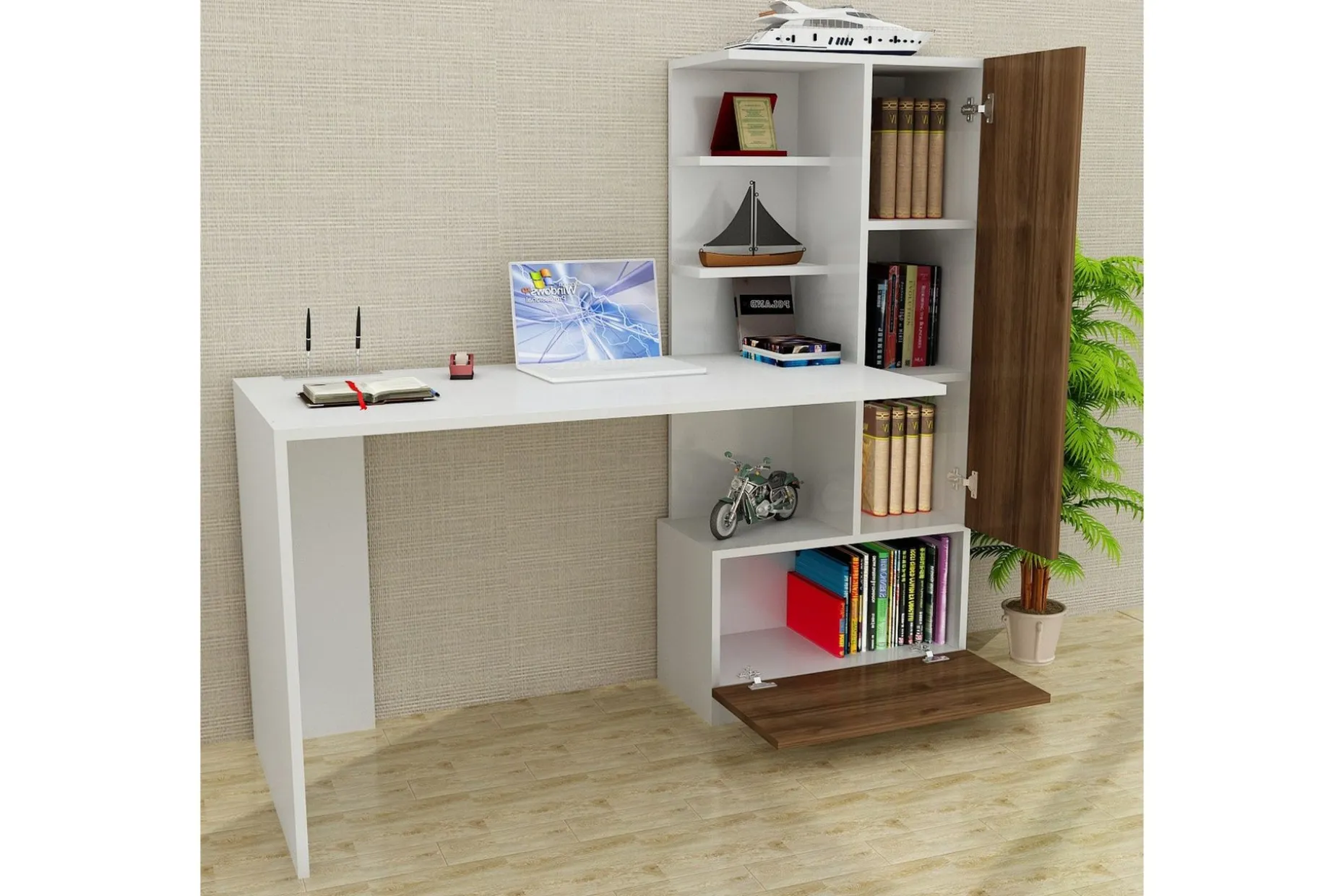 Merinoz Skrivbord 150 cm med Förvaring Hyllor + Låda + Skåp