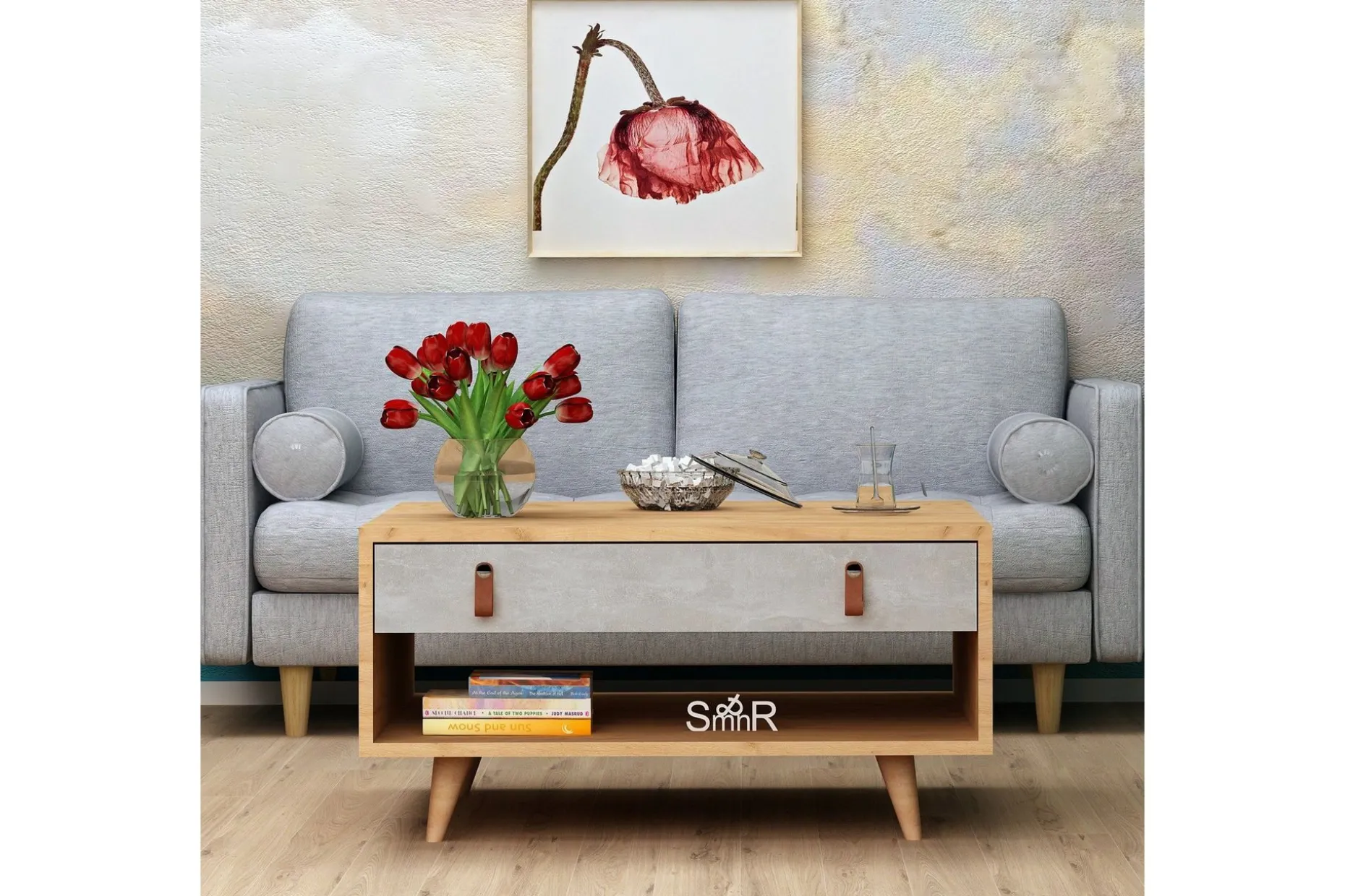 Mod Design Soffbord 80 cm med Förvaring Låda + Hylla Läderbe