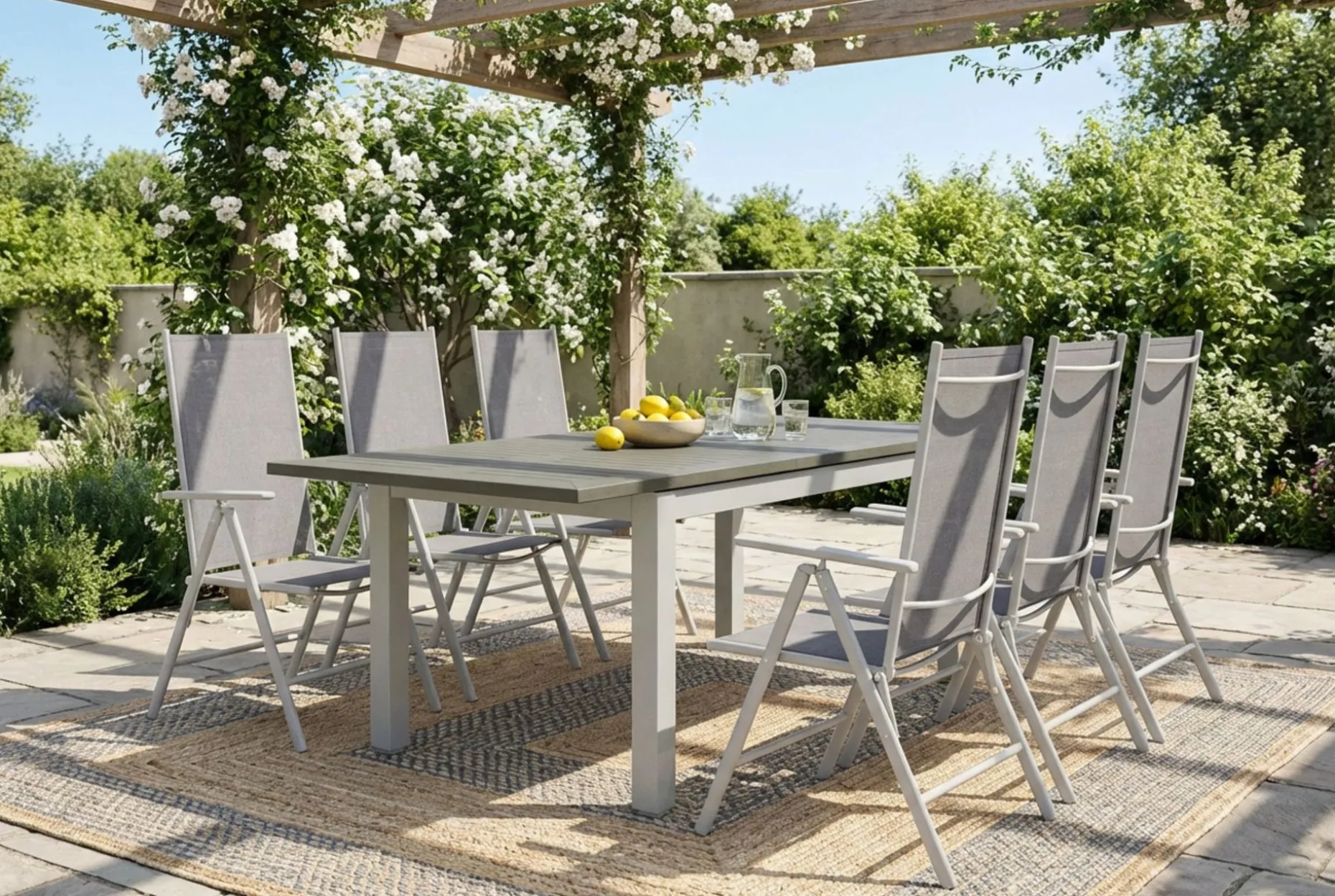 Monaco utomhus matgrupp förlängningsbart 150-250x90 med 6 Maggie positionsstolar