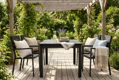 Monaco utomhus matgrupp förlängningsbart 150-250x90 med 4 Tunis stapelstolar