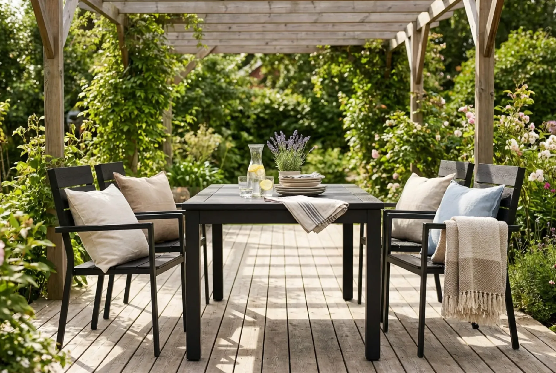 Monaco utomhus matgrupp förlängningsbart 150-250x90 med 4 Tunis stapelstolar