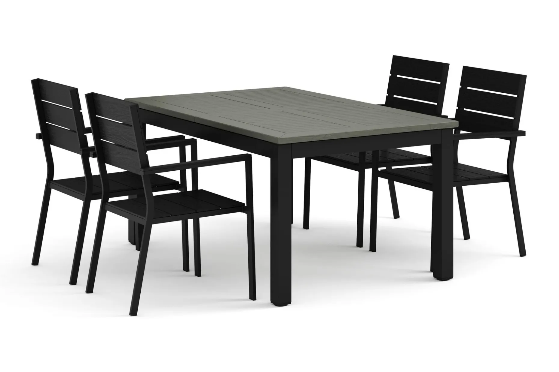 Monaco utomhus matgrupp förlängningsbart 150-250x90 med 4 Tunis stapelstolar