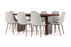 Noira Ovalt Matbord 220 cm Valnöt + 8 st Nibe stol beige med valnöt ben